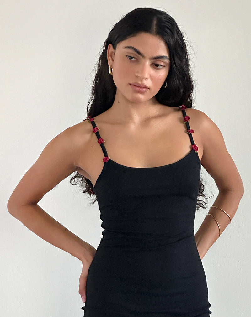 Brianna - Black Red Rosette Elegant Maxi Dress