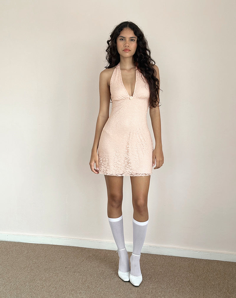 Aisha - Halterneck Lotus Detail Mini Dress Women
