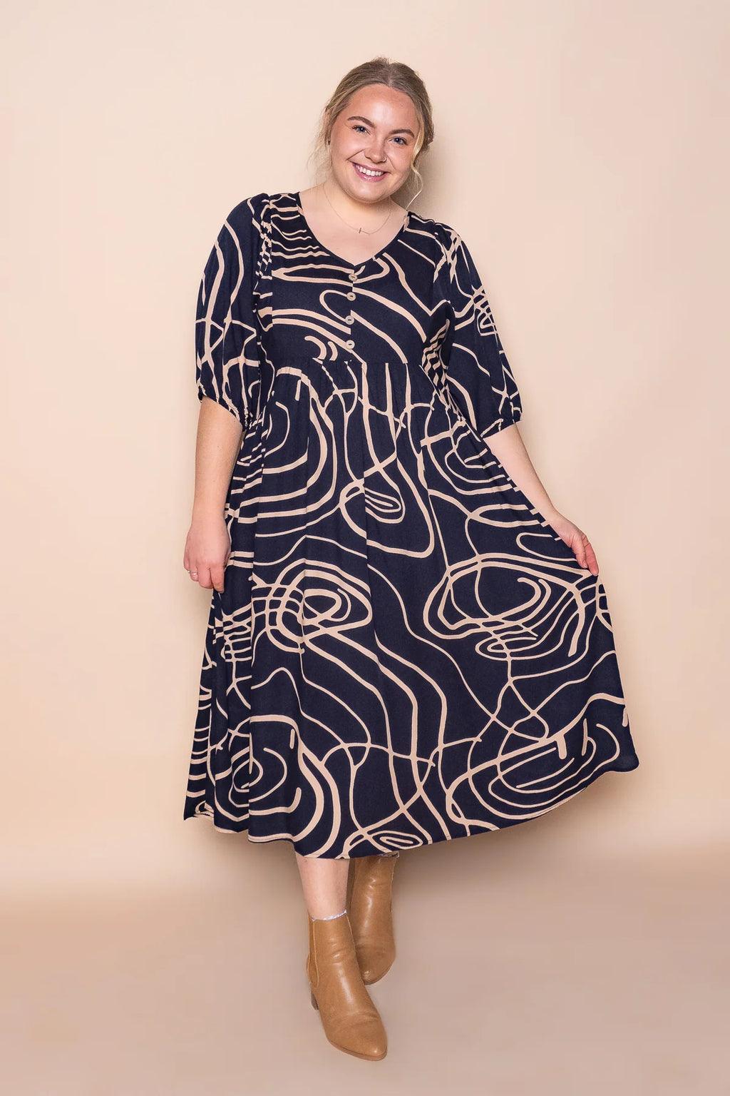 Asha - Navy Elegant Midi Dress Women