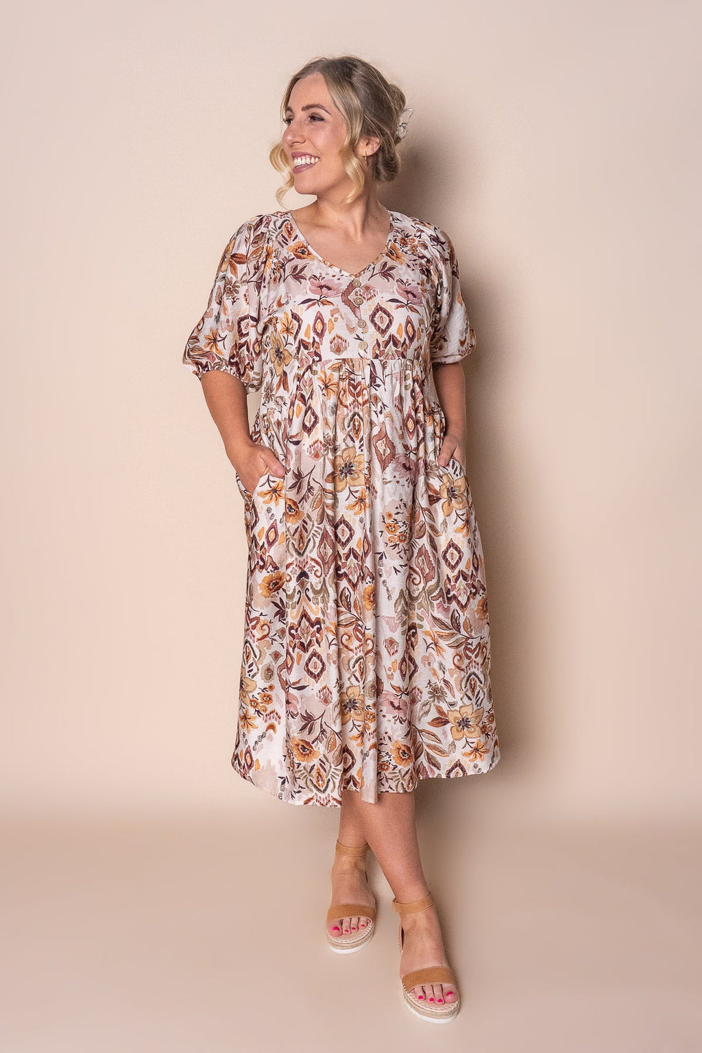 Athena - Mocha Multi Elegant Midi Dress Women