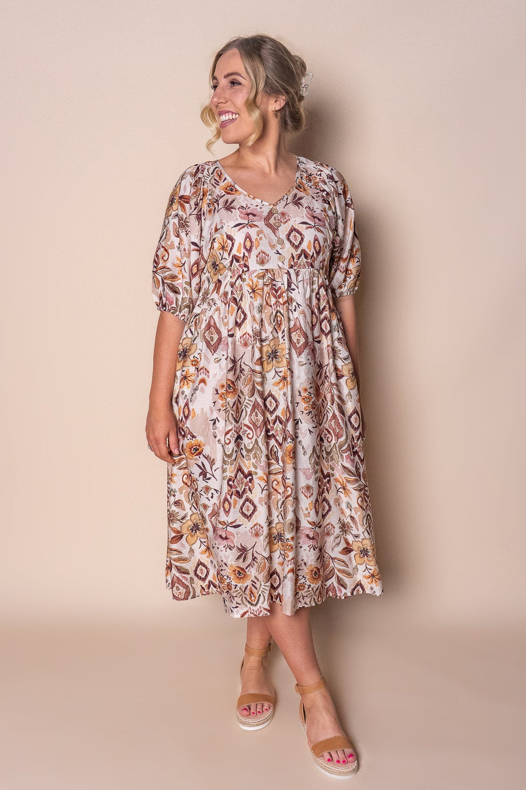 Athena - Mocha Multi Elegant Midi Dress Women