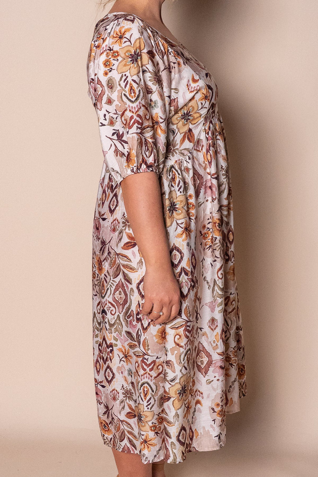 Athena - Mocha Multi Elegant Midi Dress Women