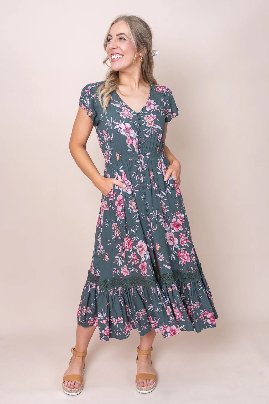 Annora - Forest Green Elegant Midi Dress Women