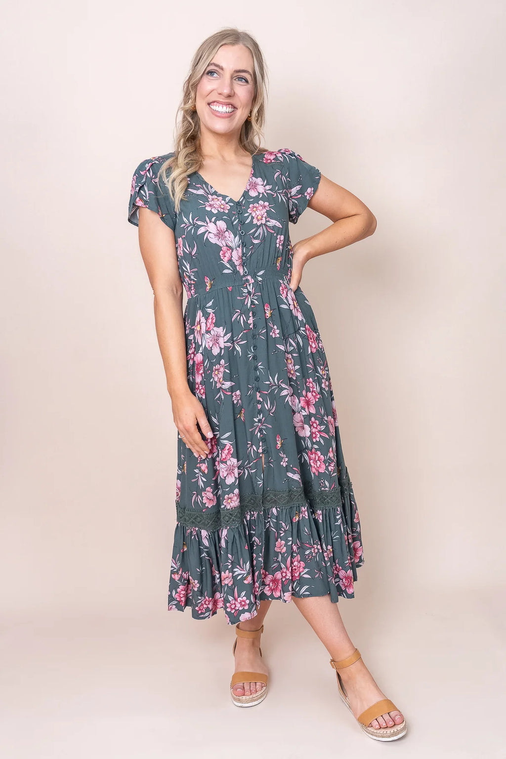 Annora - Forest Green Elegant Midi Dress Women
