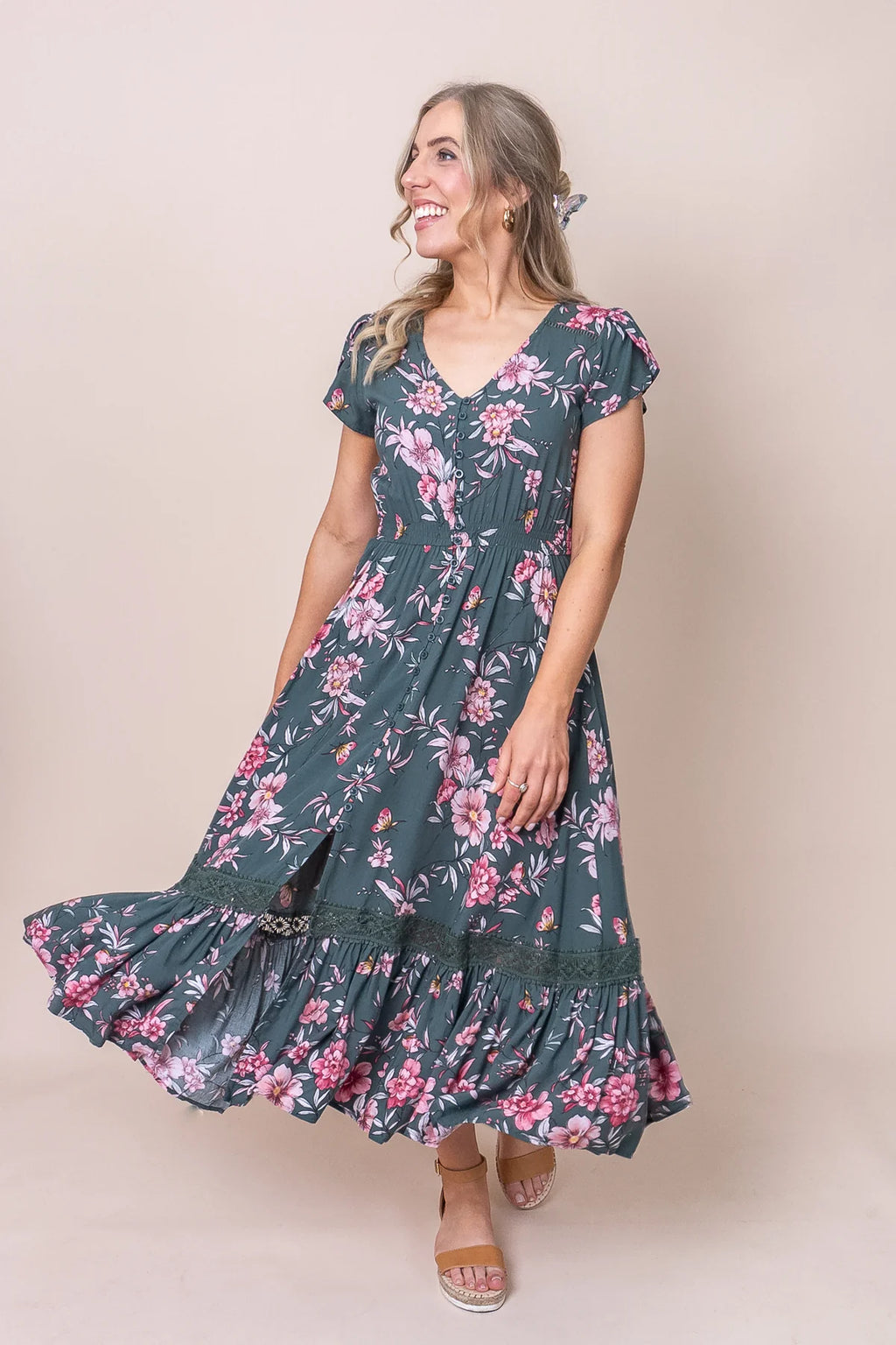 Annora - Forest Green Elegant Midi Dress Women