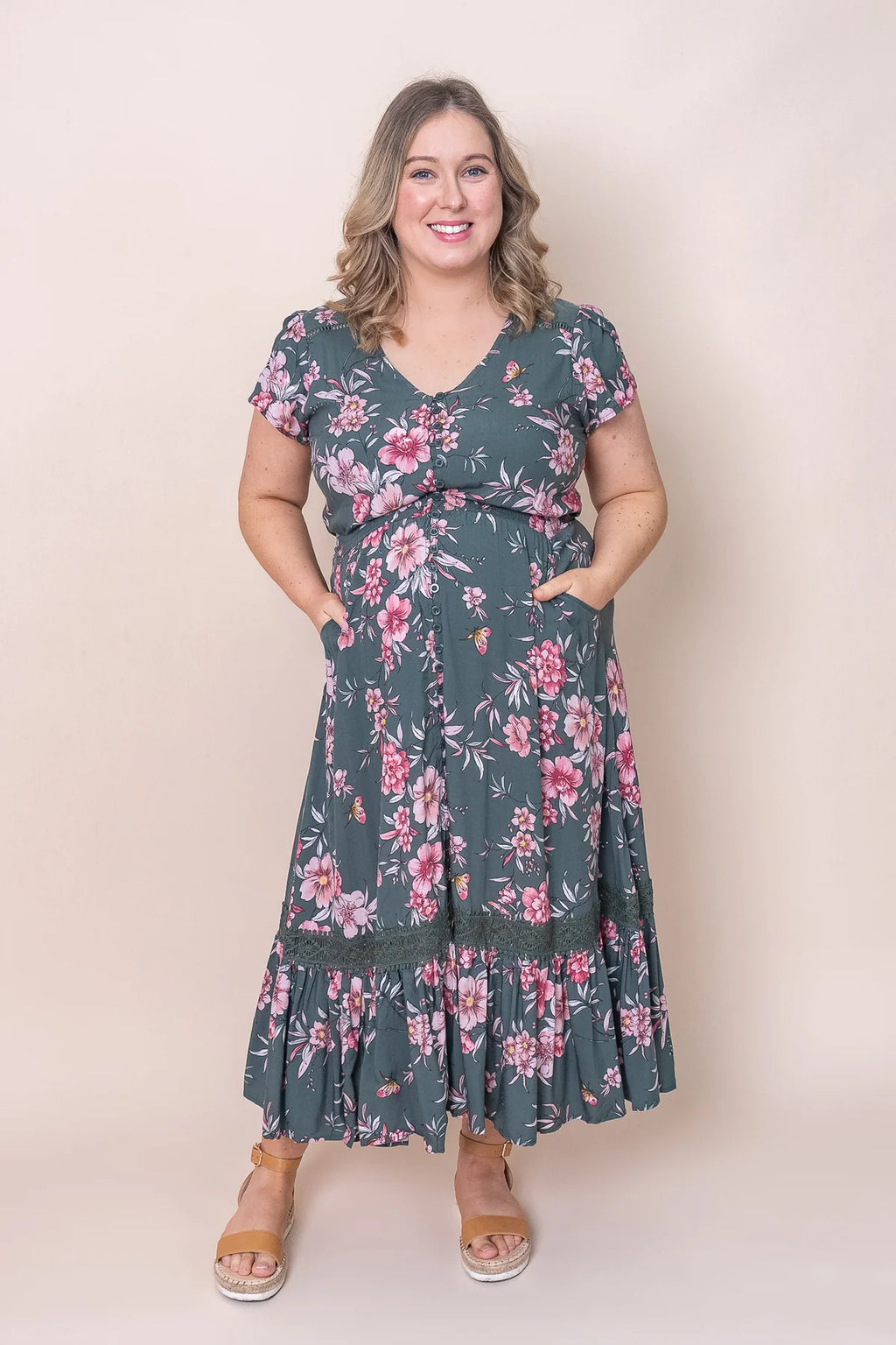 Annora - Forest Green Elegant Midi Dress Women