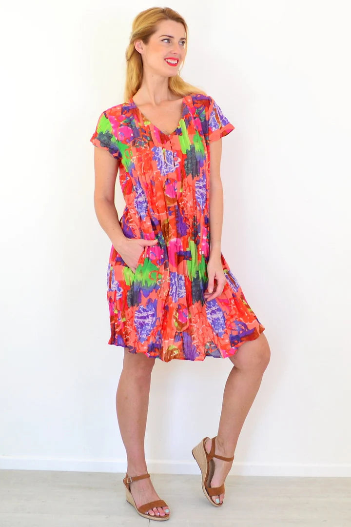 Chloe - Pink Tropical Cap Sleeve Tunic Dress