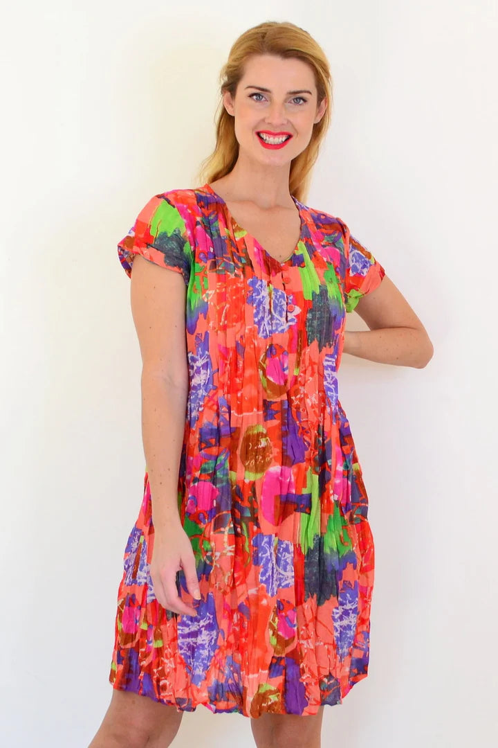 Chloe - Pink Tropical Cap Sleeve Tunic Dress