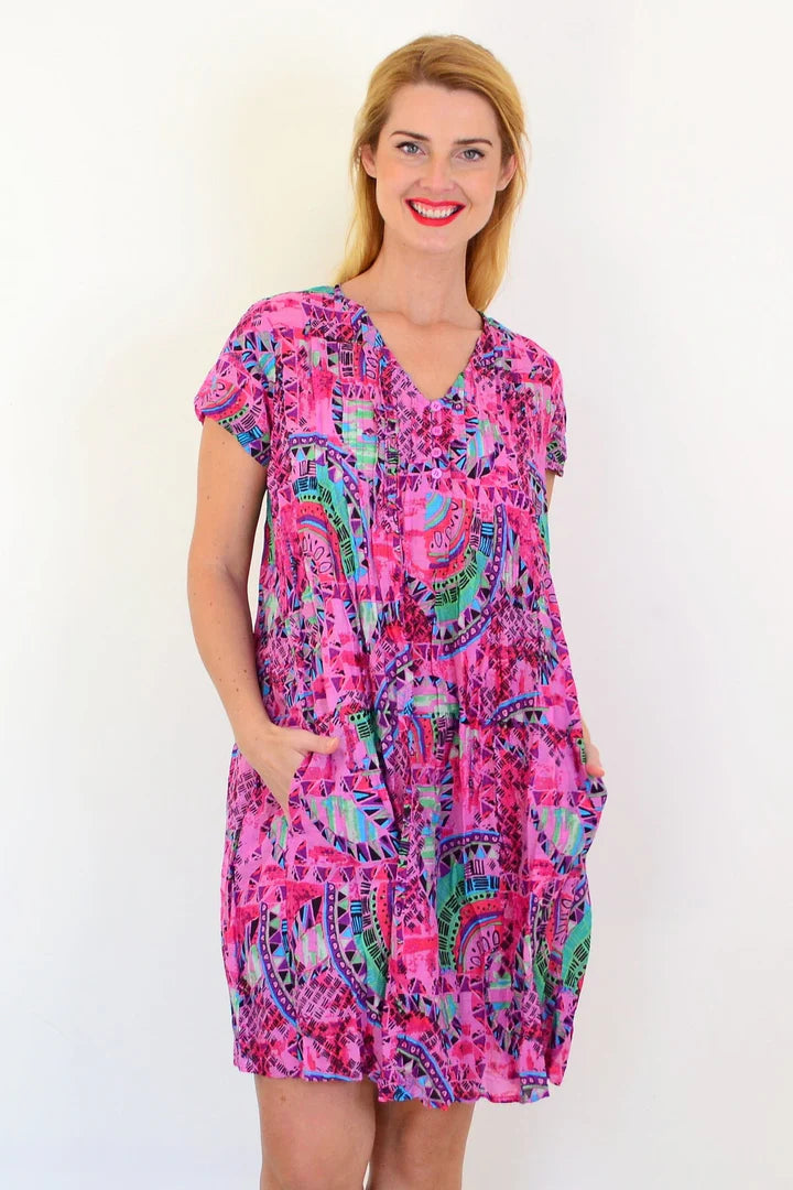 Chloe - Pink Tropical Cap Sleeve Tunic Dress