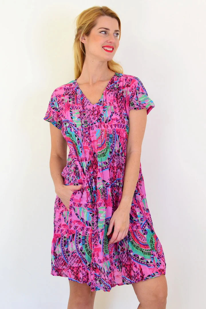 Chloe - Pink Tropical Cap Sleeve Tunic Dress