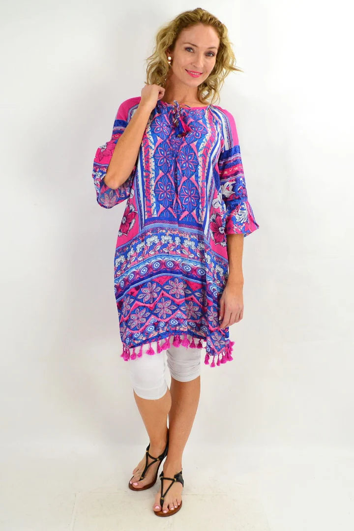 Gail - Blue Three Quarter Sleeve Tunic Dress