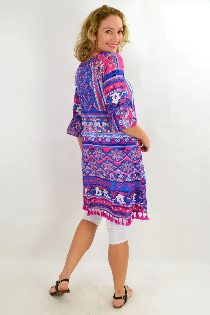 Gail - Blue Three Quarter Sleeve Tunic Dress