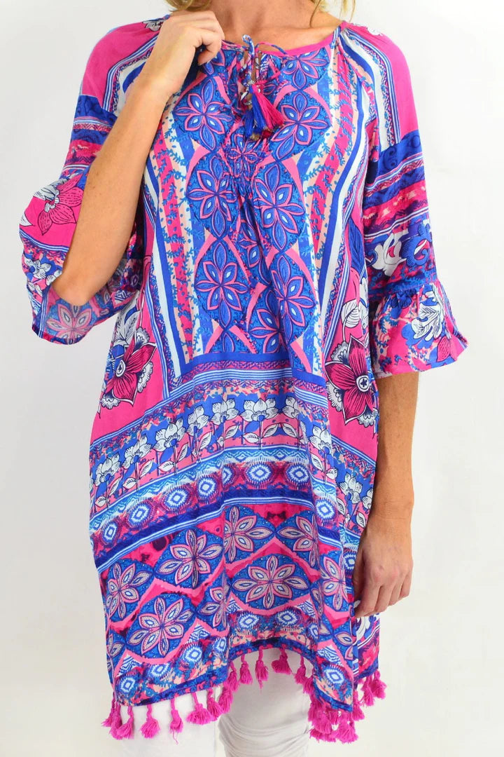 Gail - Blue Three Quarter Sleeve Tunic Dress