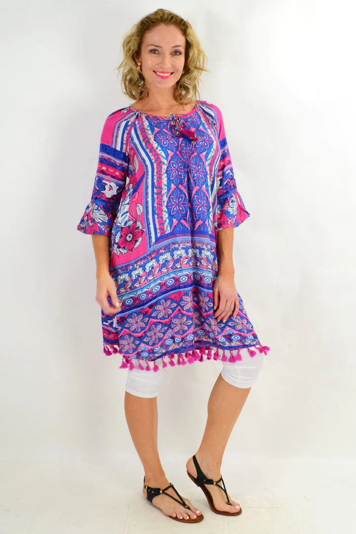 Gail - Blue Three Quarter Sleeve Tunic Dress