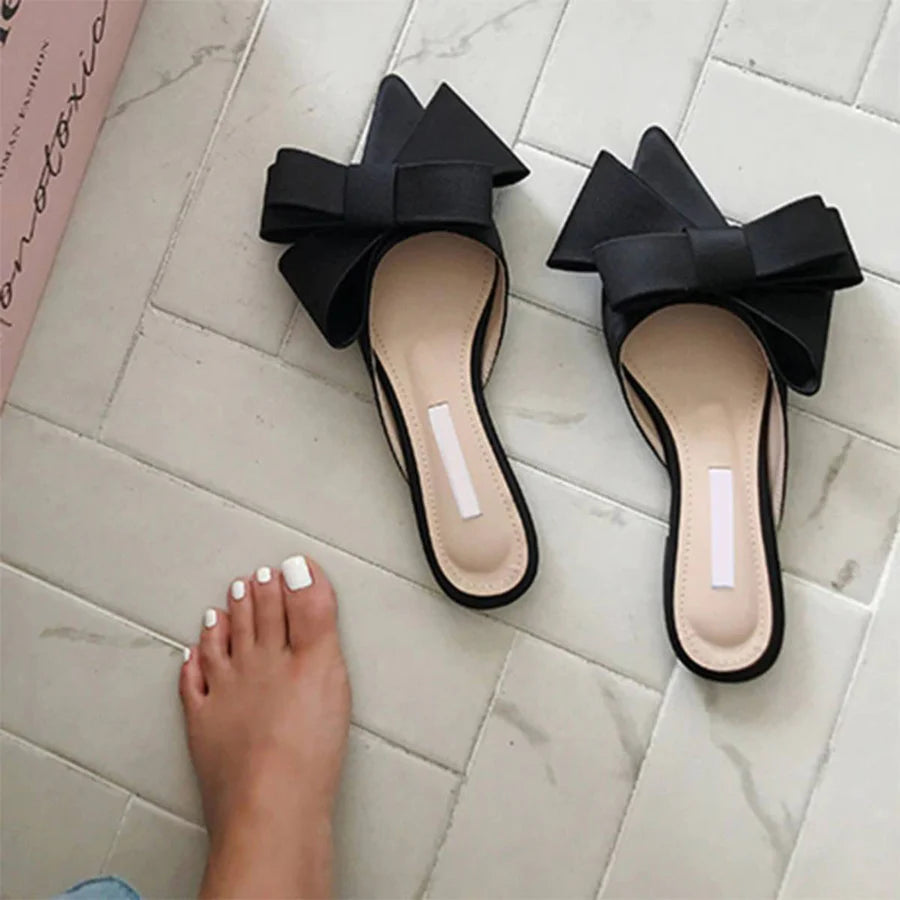 Kylie - Pointed Toe Bow Slide Flat Sandals