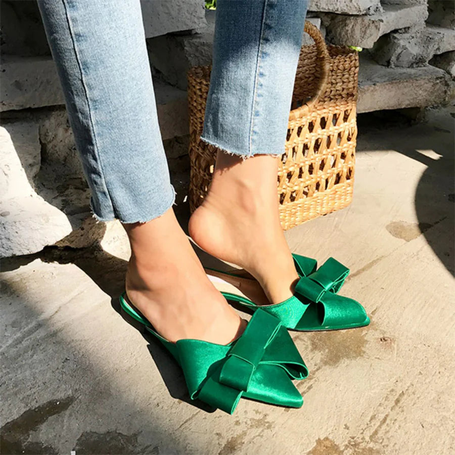 Kylie - Pointed Toe Bow Slide Flat Sandals