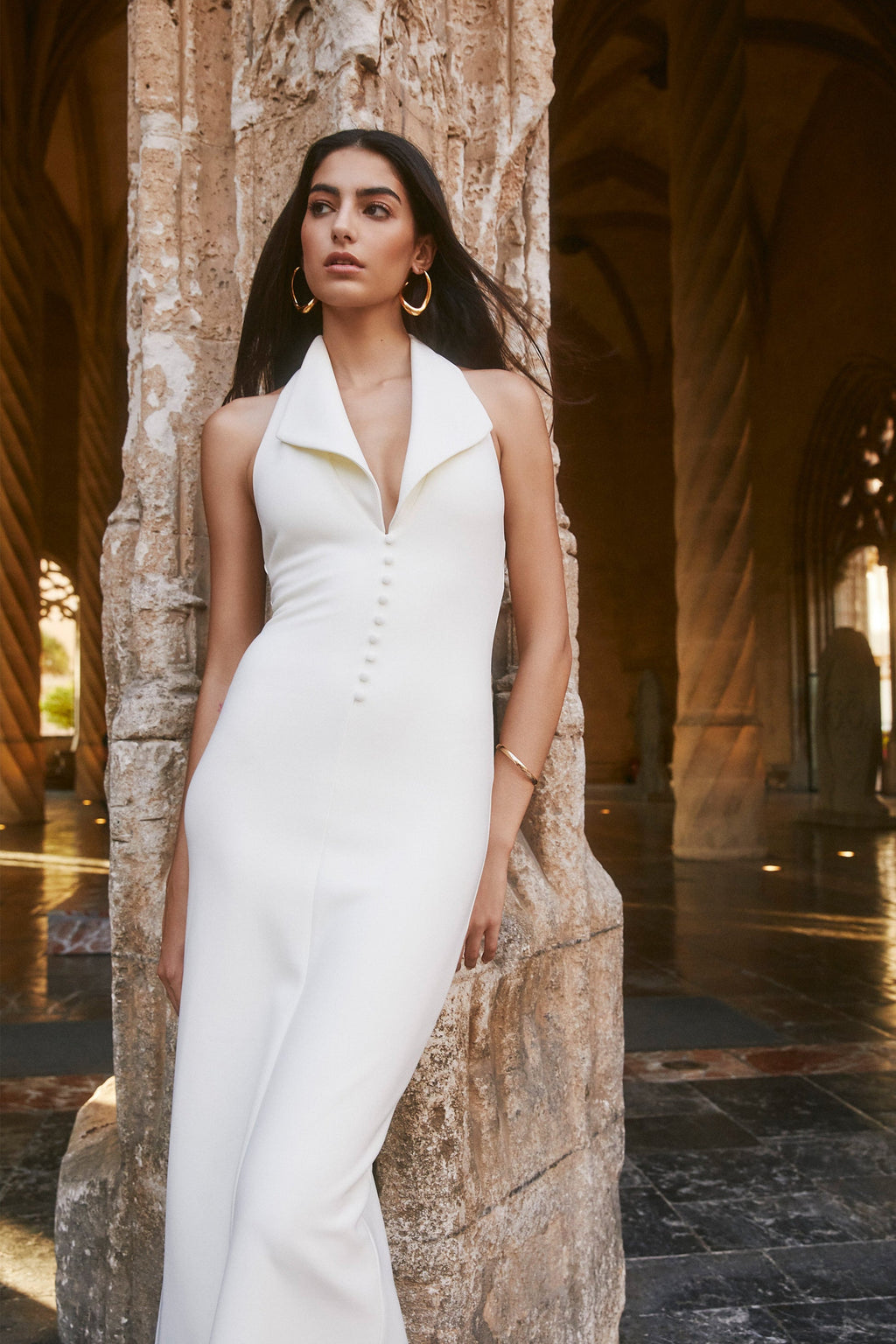 Catherine - Ivory Halter Elegant Midi Dress