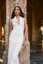 Catherine - Ivory Halter Elegant Midi Dress
