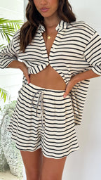 Annika - Lacole Stripe Shirt Shorts Matching Set