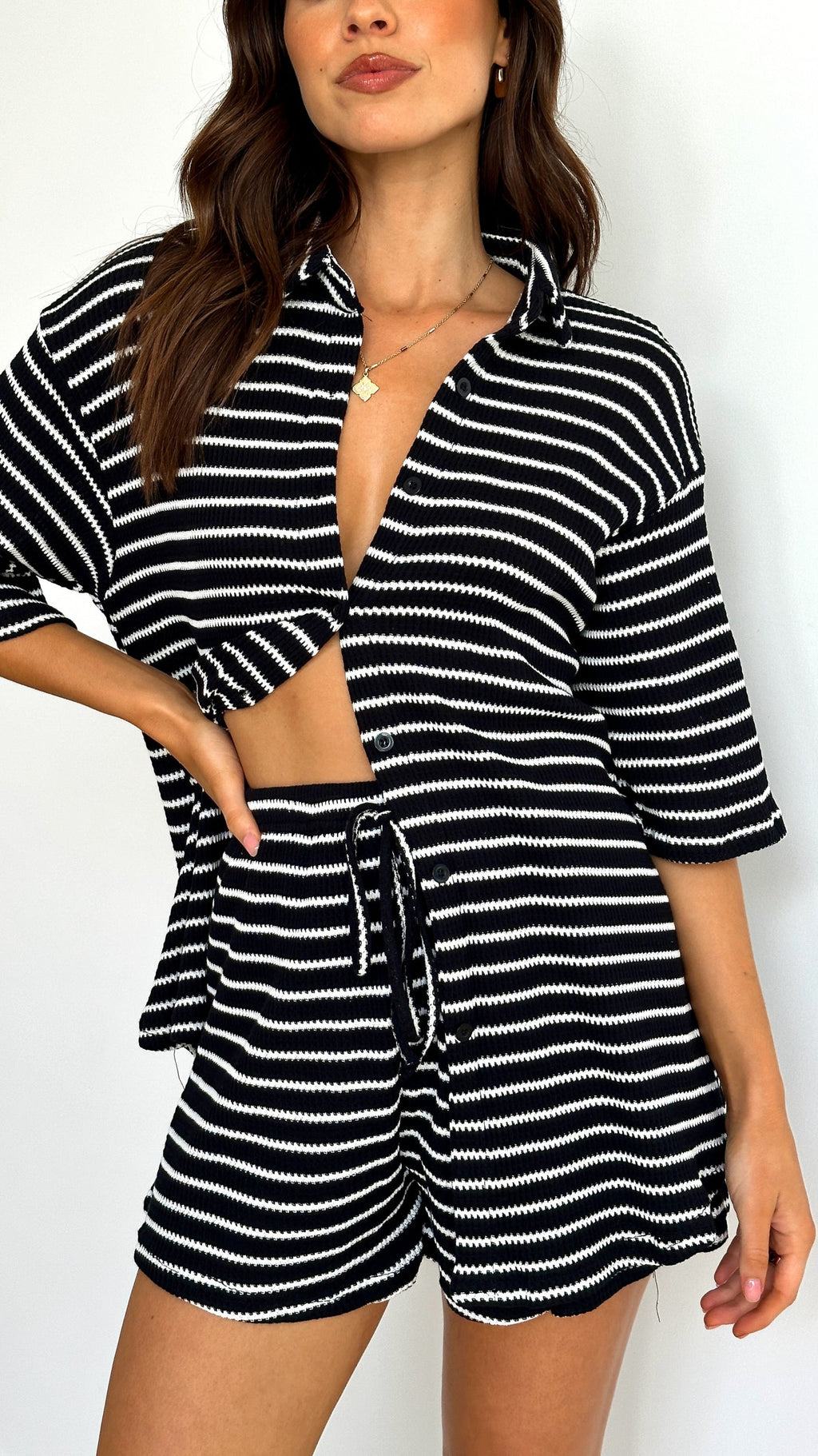 Annika - Lacole Stripe Shirt Shorts Matching Set