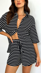 Annika - Lacole Stripe Shirt Shorts Matching Set