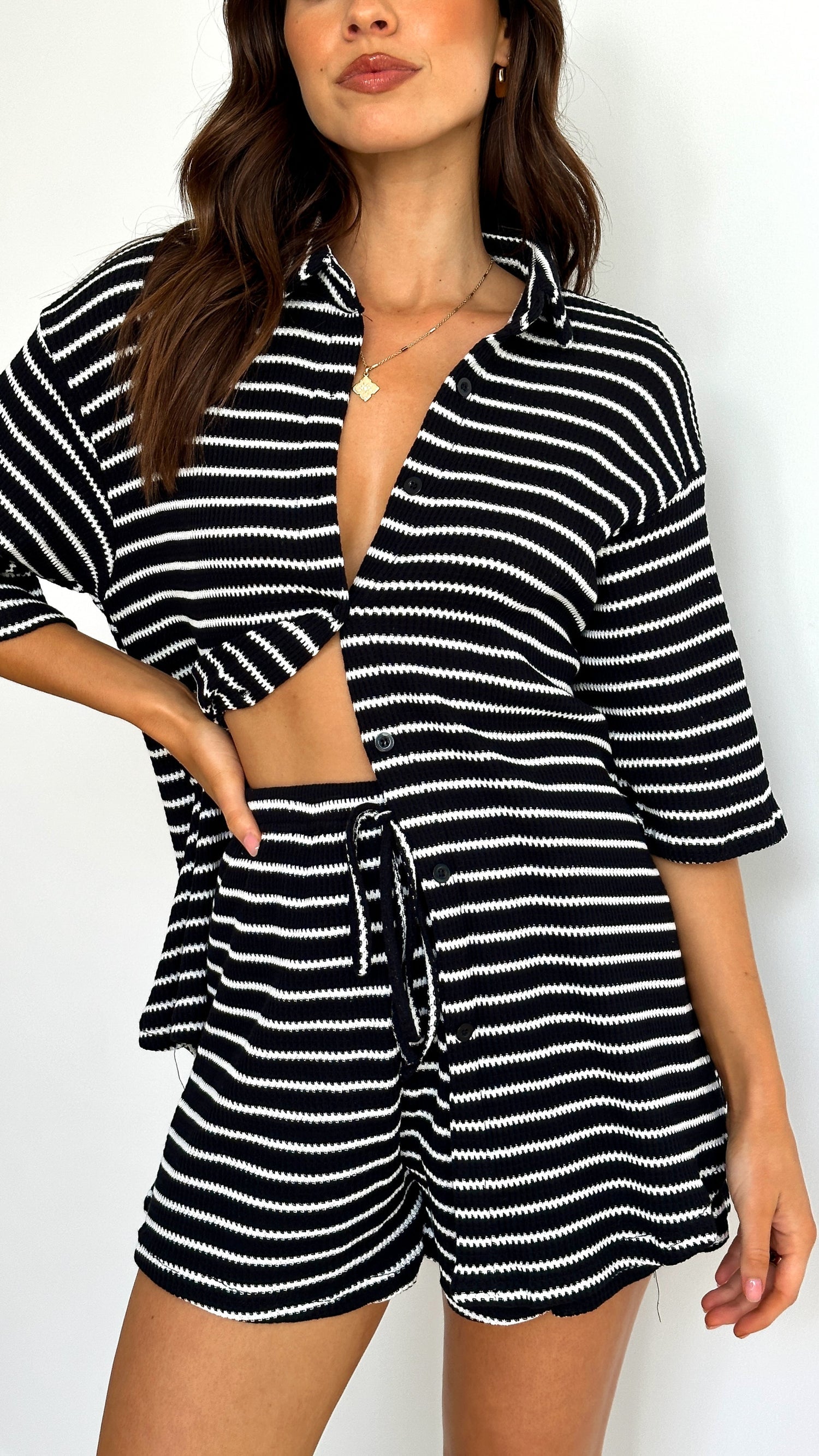 Annika - Lacole Stripe Shirt Shorts Matching Set
