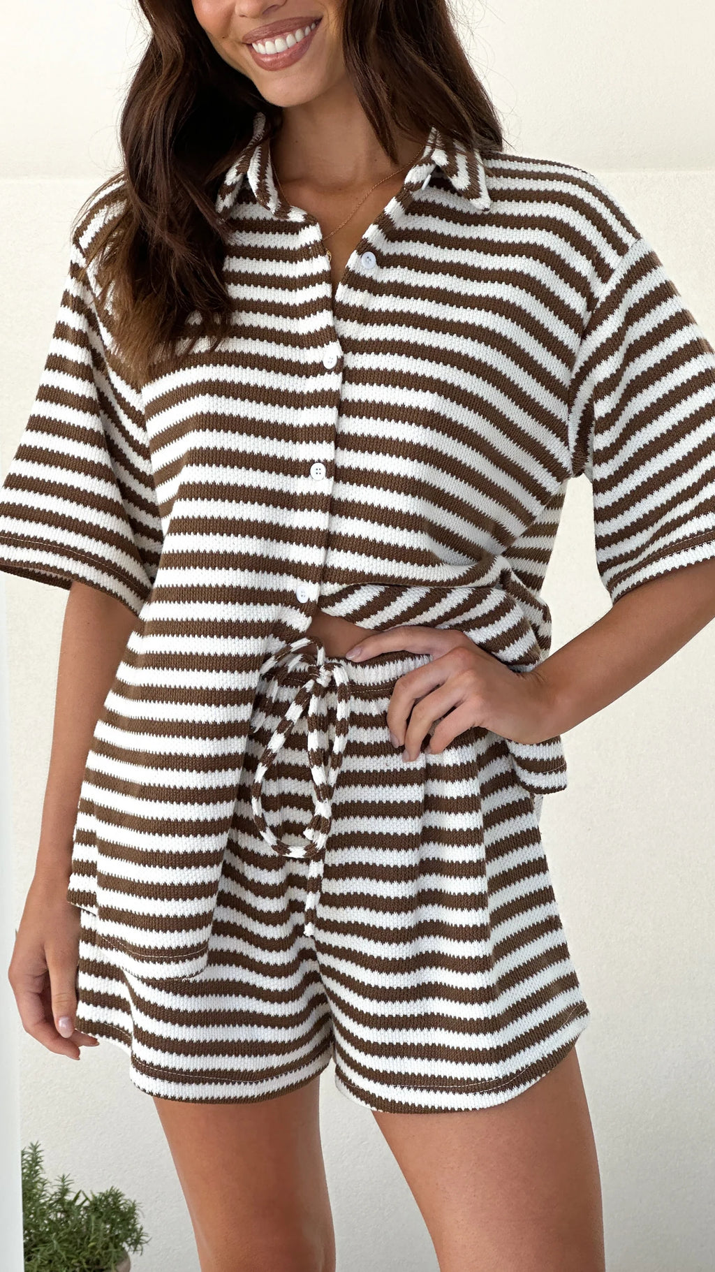 Alicia - Romi Brown Stripe Shirt Shorts Set