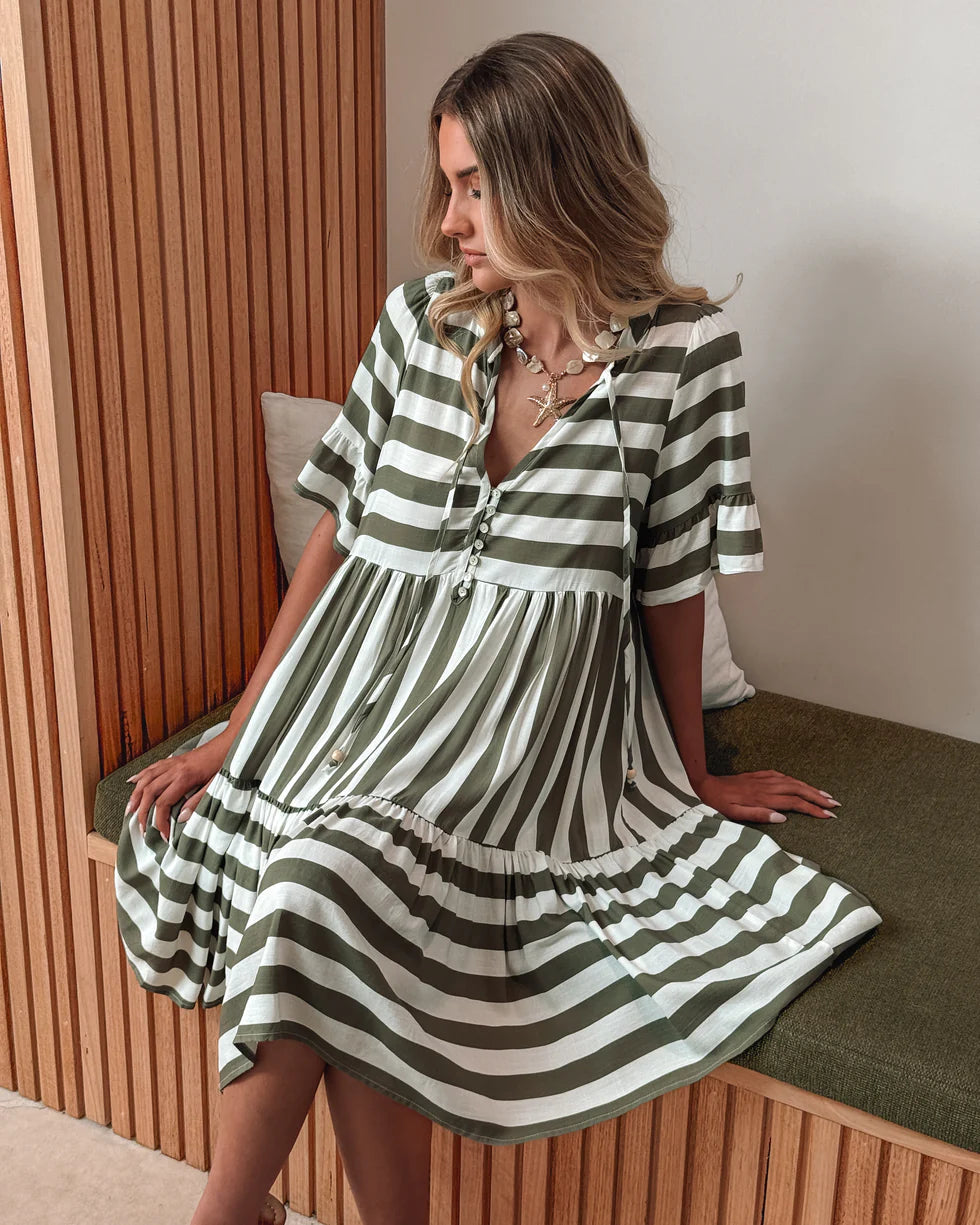 Jasmine - Khaki Stripe Elegant Dress for Women