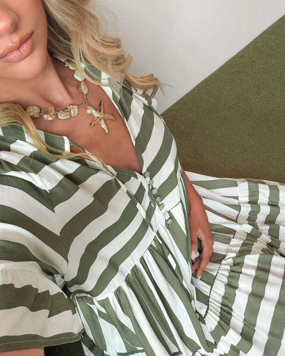 Jasmine - Khaki Stripe Elegant Dress for Women