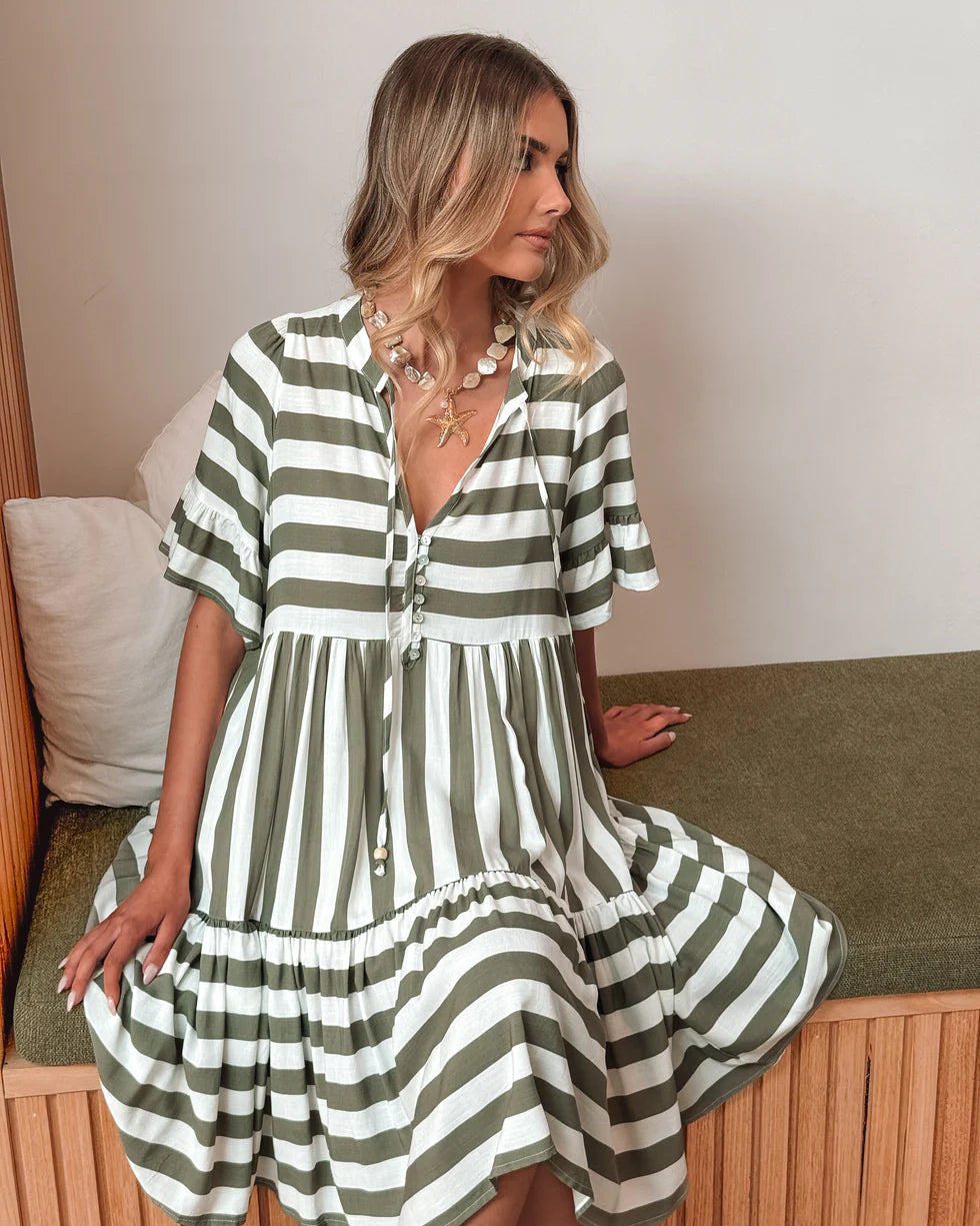 Jasmine - Khaki Stripe Elegant Dress for Women