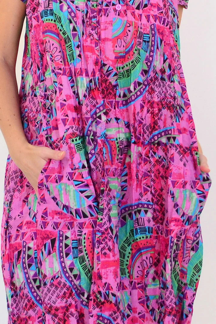Chloe - Pink Tropical Cap Sleeve Tunic Dress