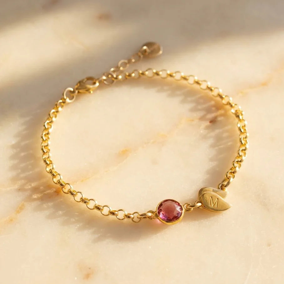 Zara - Custom Birthstone Initial Leaf Charm Bracelet