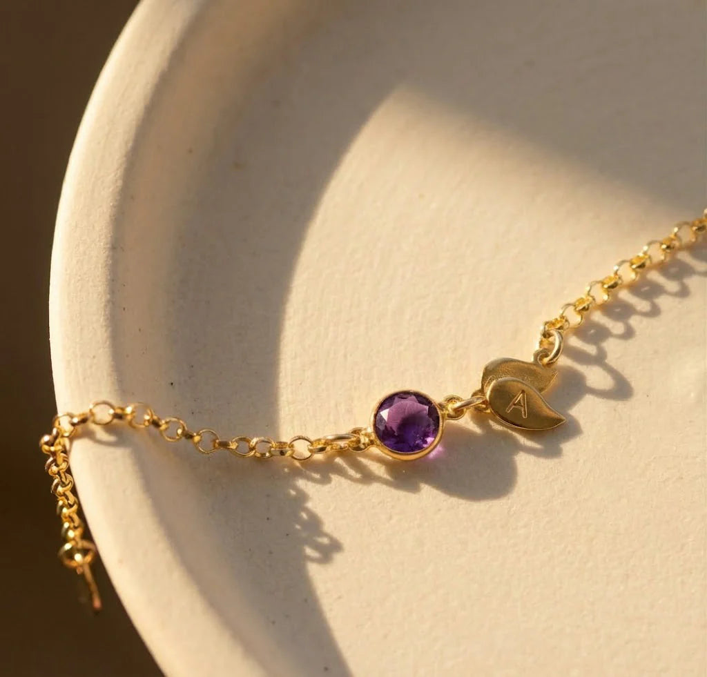 Zara - Custom Birthstone Initial Leaf Charm Bracelet