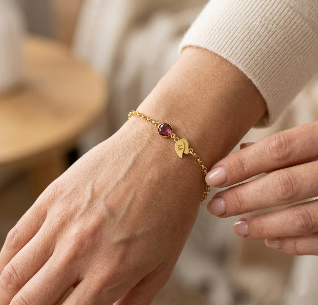 Zara - Custom Birthstone Initial Leaf Charm Bracelet