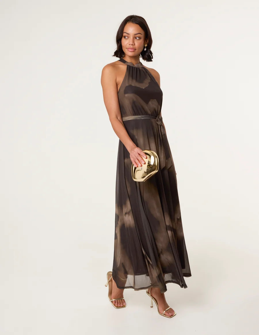 Aria - Printed Mesh Halter Neck Maxi Dress