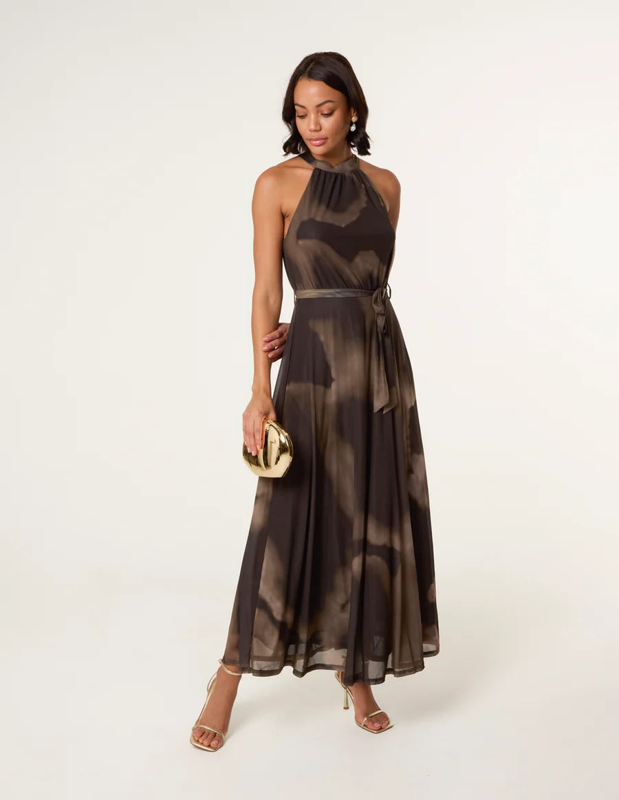 Aria - Printed Mesh Halter Neck Maxi Dress