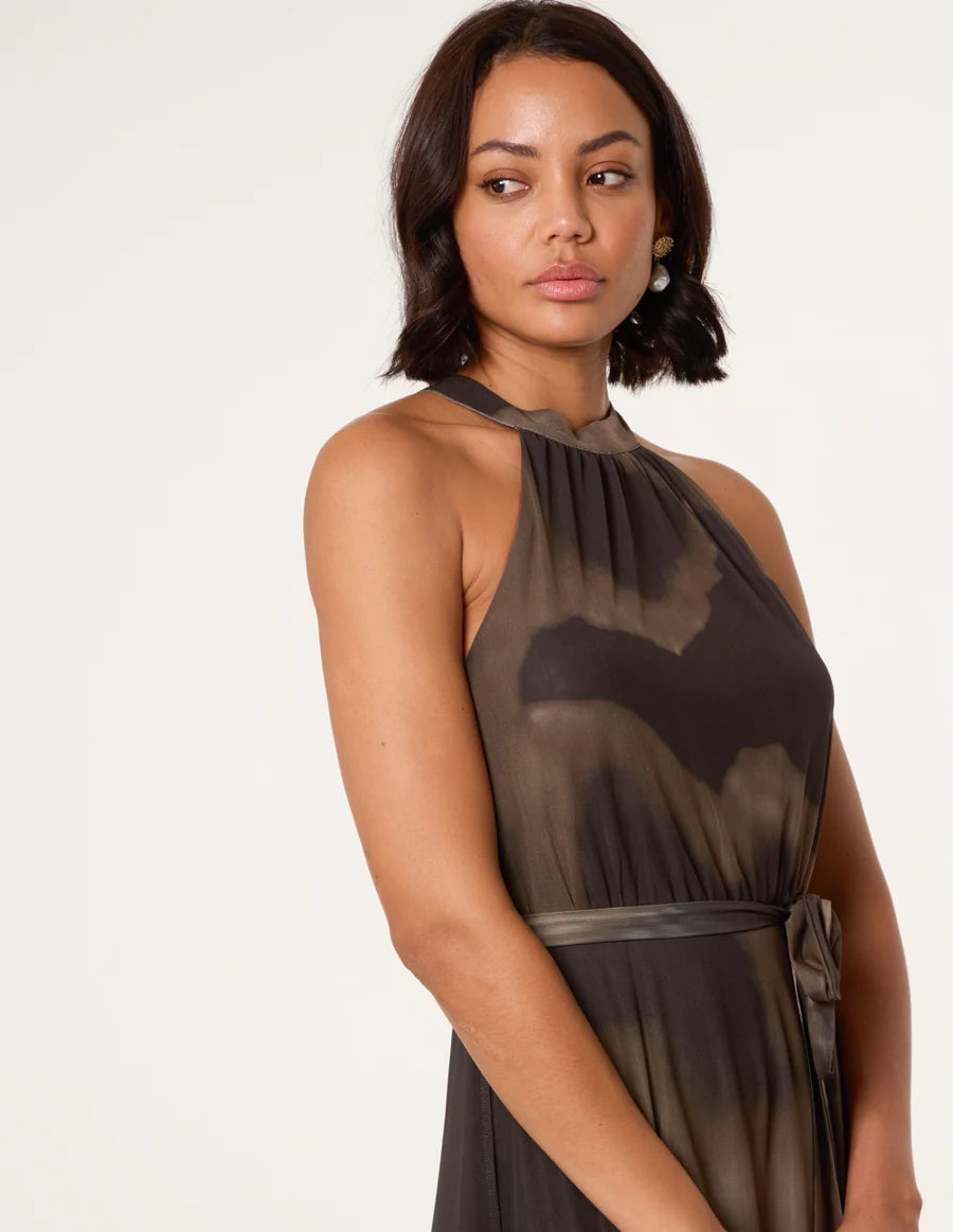 Aria - Printed Mesh Halter Neck Maxi Dress