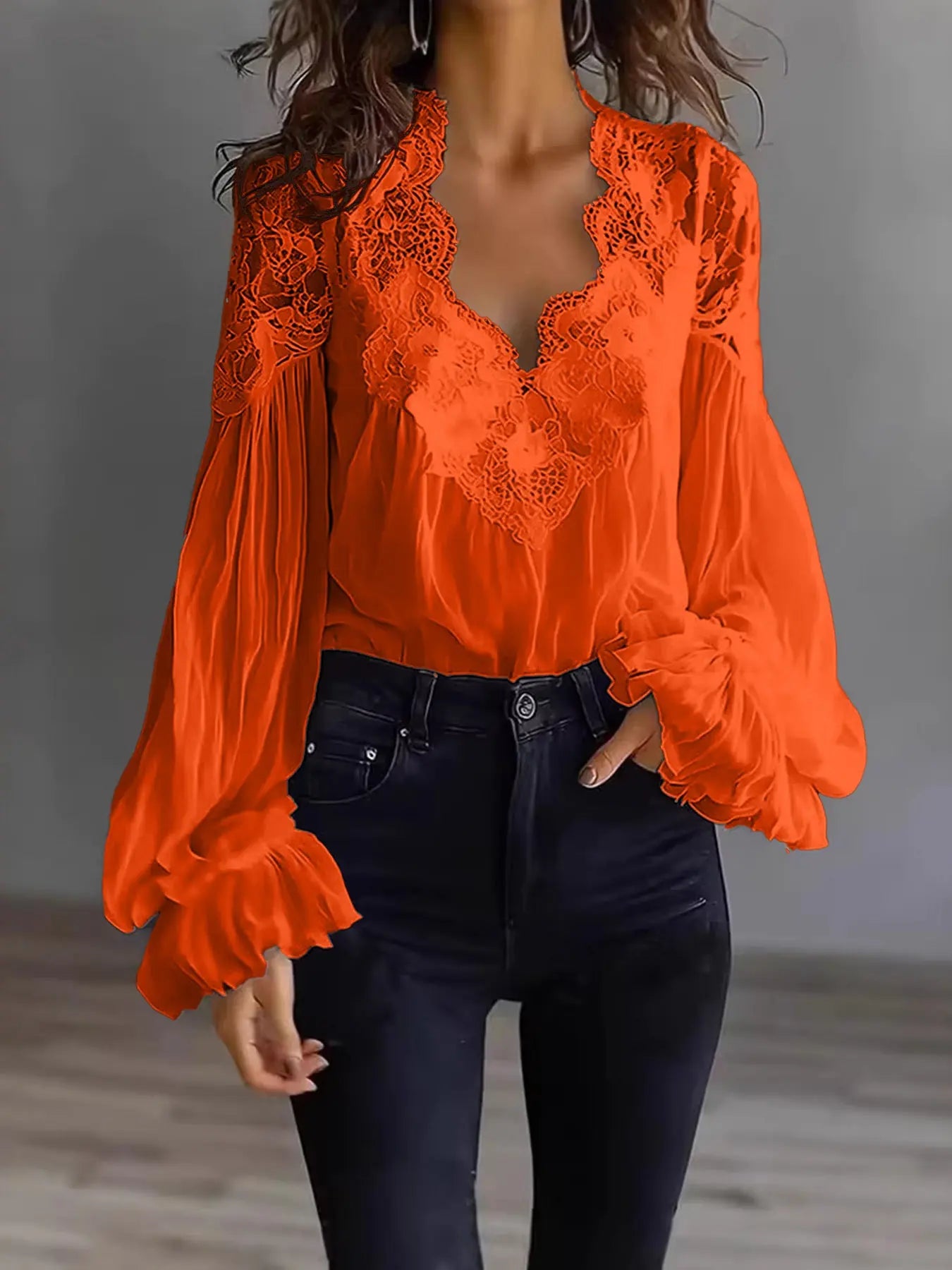 Alani - Lace Panel Ruffle Puff Sleeve Pleated Shirt Women
