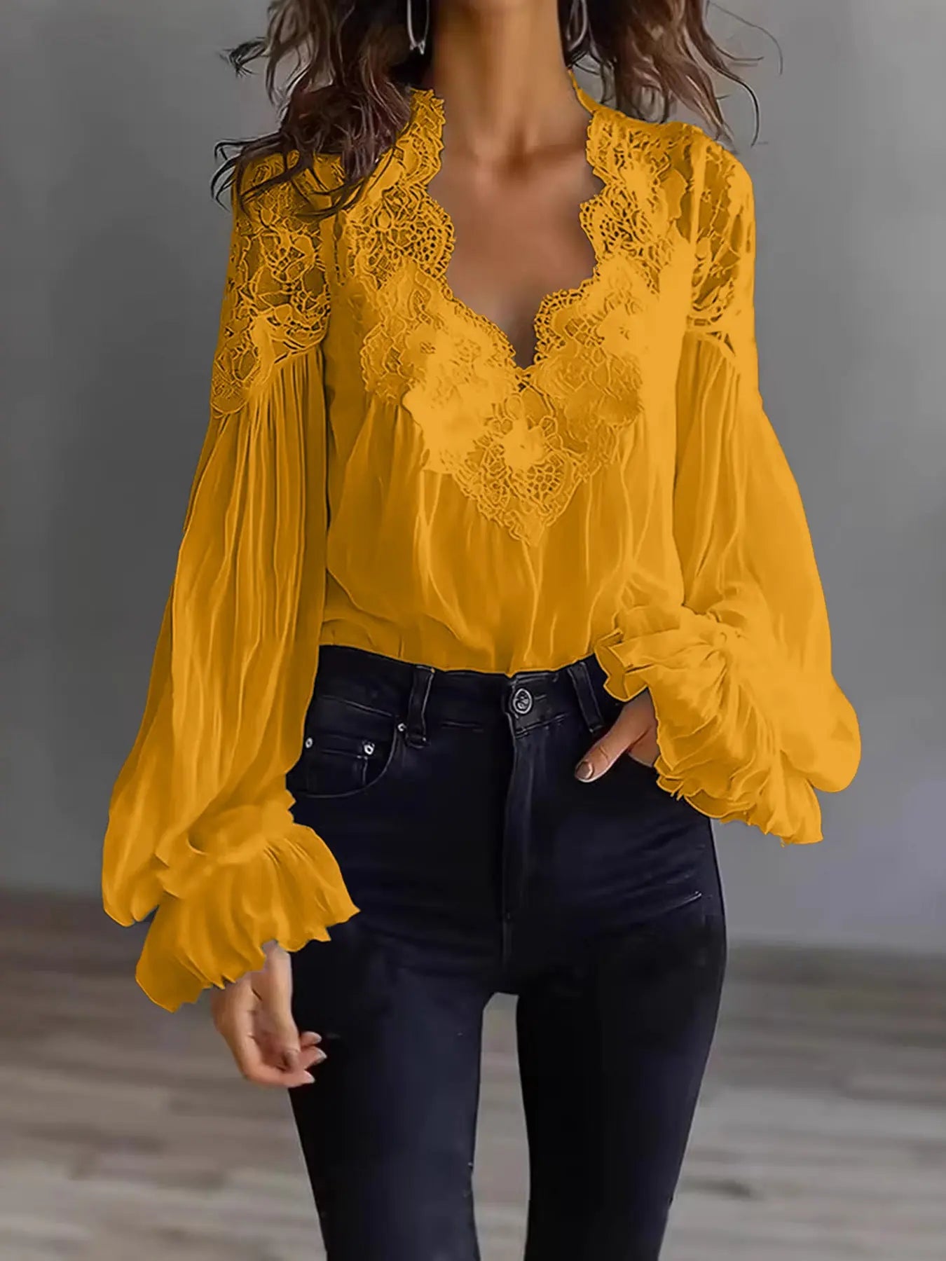 Alani - Lace Panel Ruffle Puff Sleeve Pleated Shirt Women