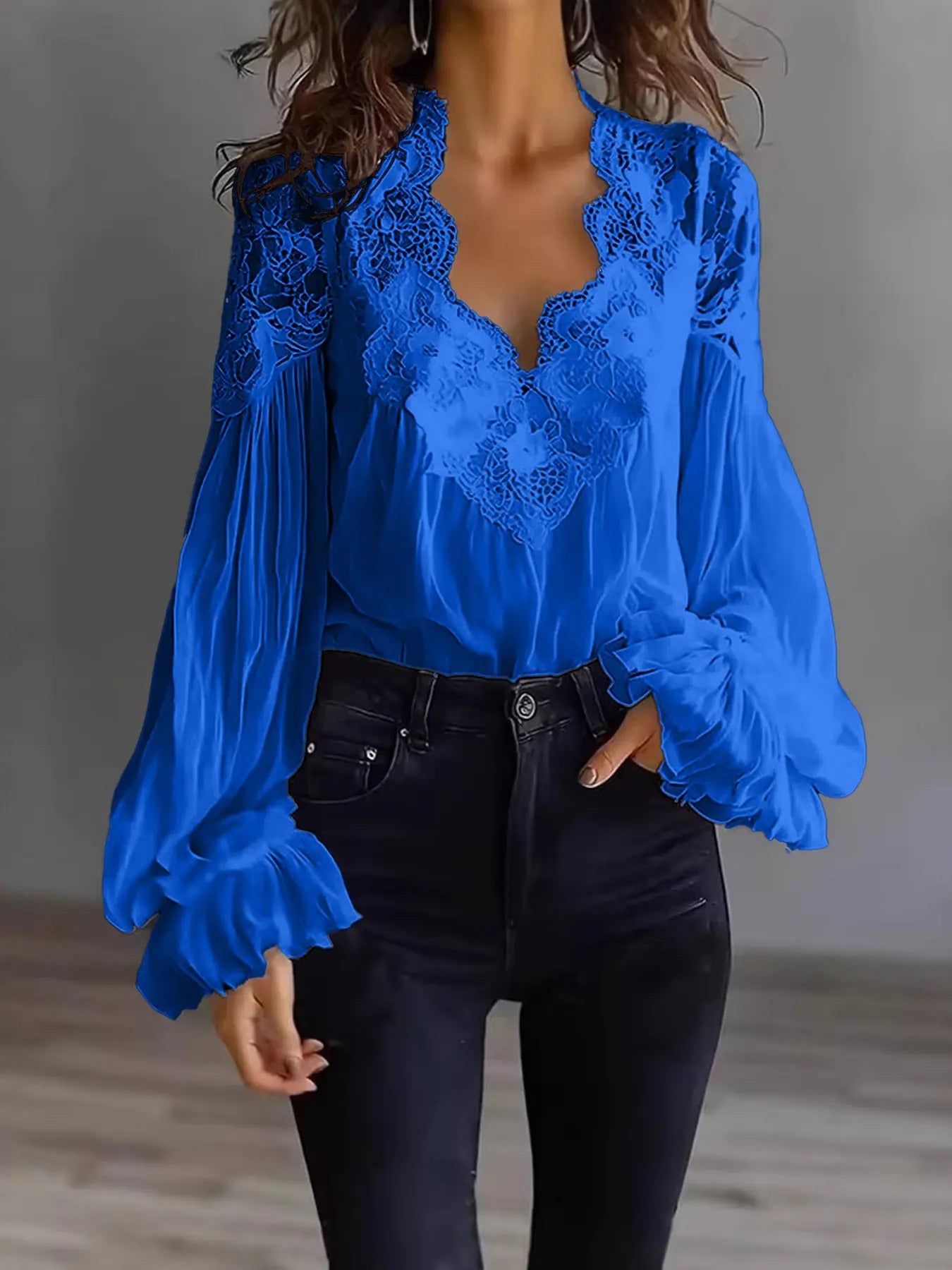 Alani - Lace Panel Ruffle Puff Sleeve Pleated Shirt Women