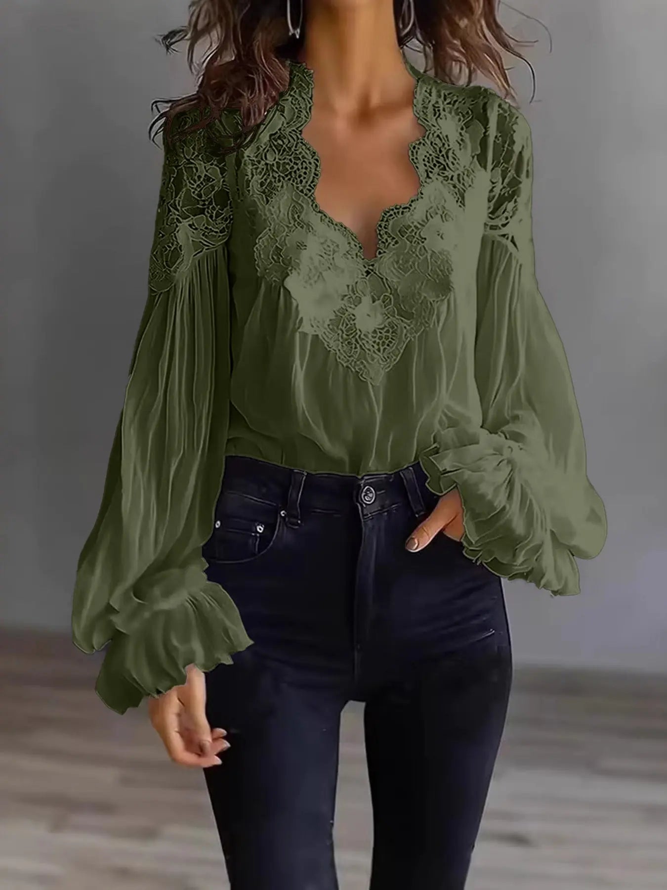 Alani - Lace Panel Ruffle Puff Sleeve Pleated Shirt Women