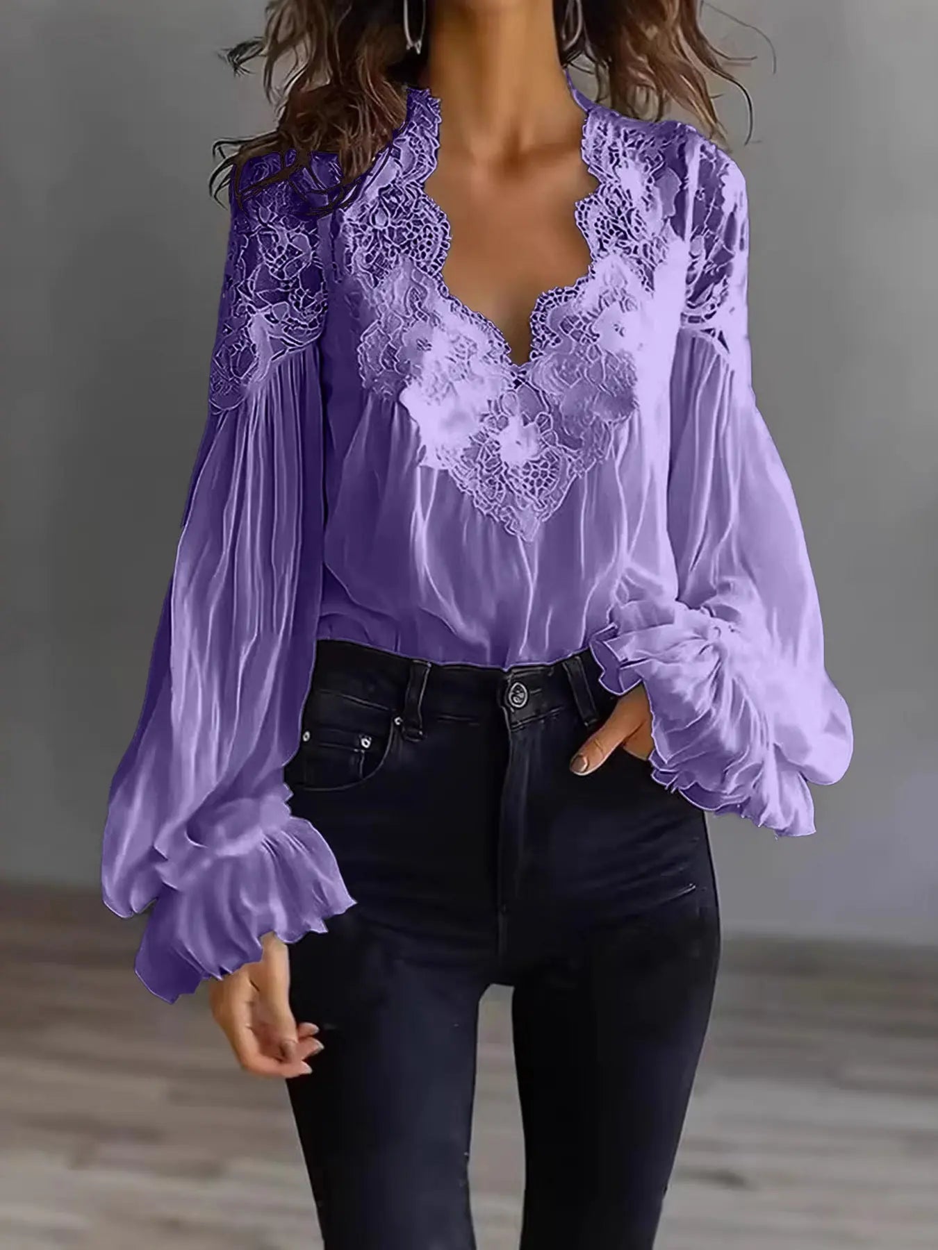 Alani - Lace Panel Ruffle Puff Sleeve Pleated Shirt Women
