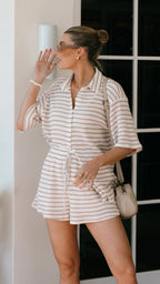 Annika - Lacole Stripe Shirt Shorts Matching Set