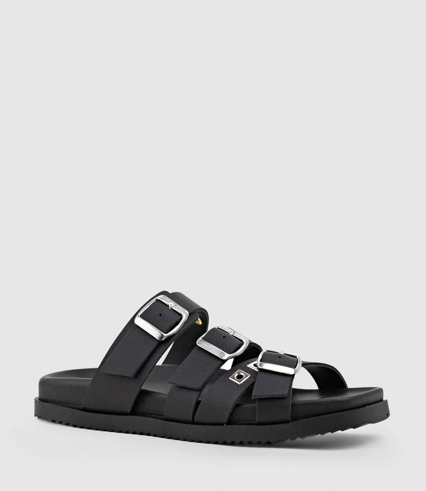 Zara - Black Multi-Strap Buckle Slides