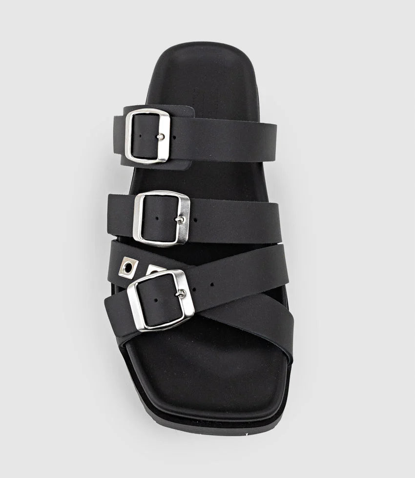 Zara - Black Multi-Strap Buckle Slides