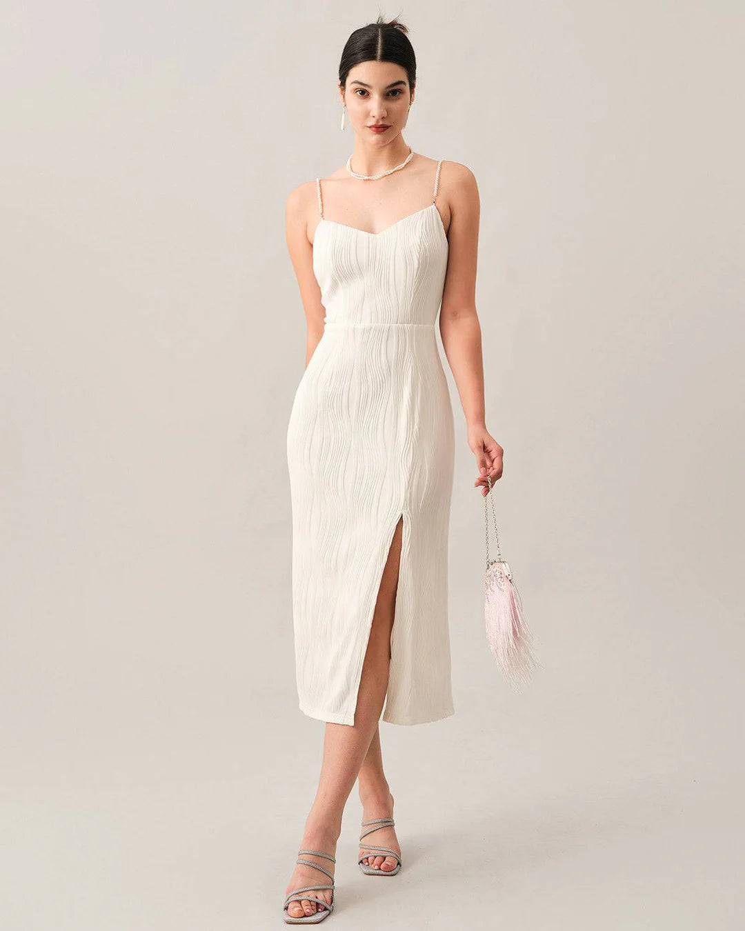 Ariana - Wave Textured Pearl Strap Midi Dress