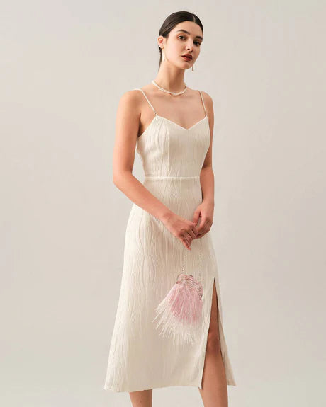 Ariana - Wave Textured Pearl Strap Midi Dress