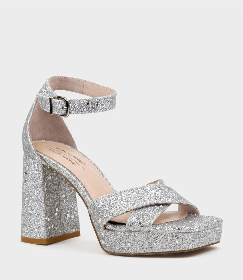 Stella - Silver Sparkle Crossover Platform Sandal Women