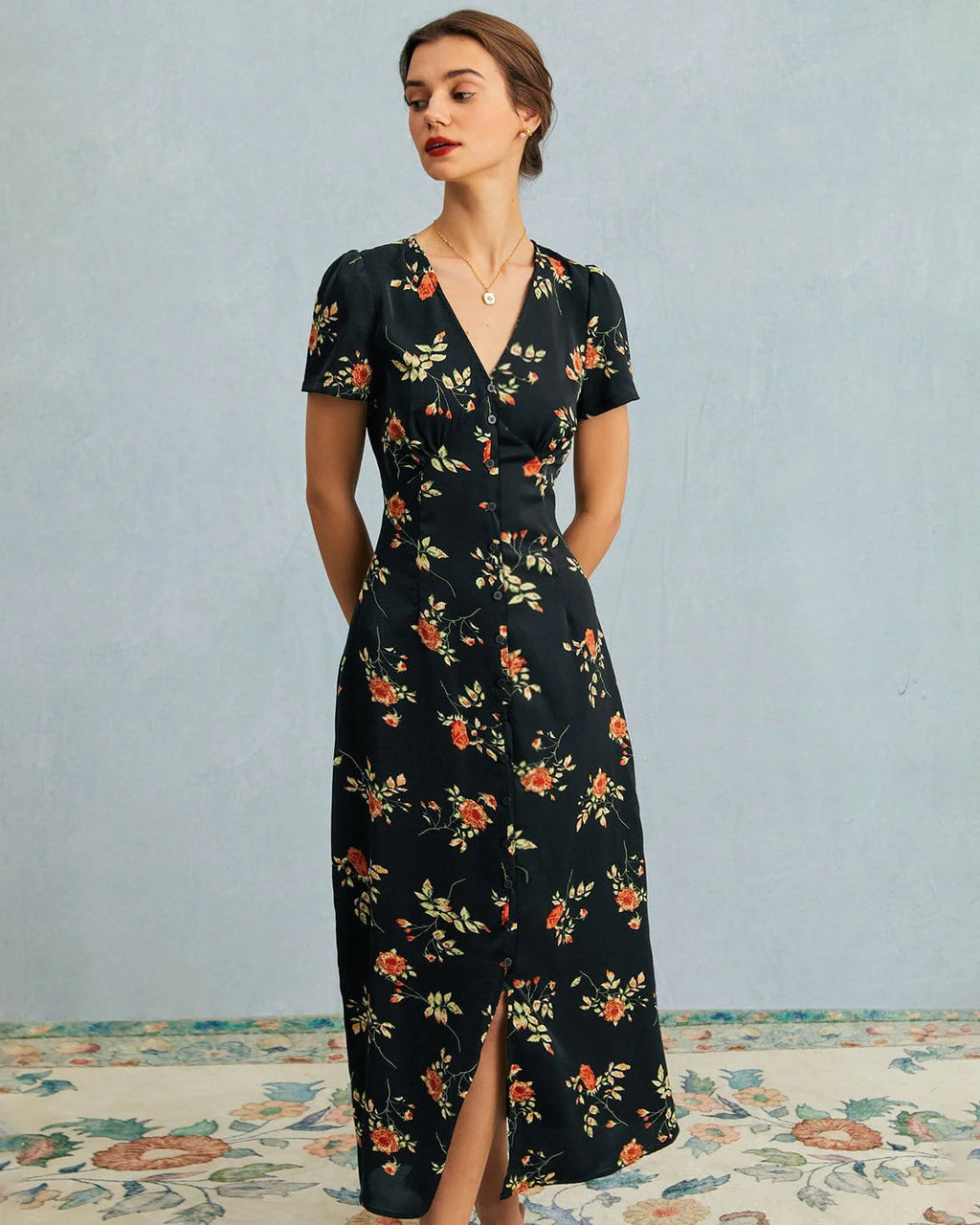 Evie - Black V Neck Floral Button Up Mini Dress