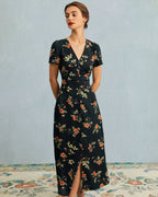 Evie - Black V Neck Floral Button Up Mini Dress